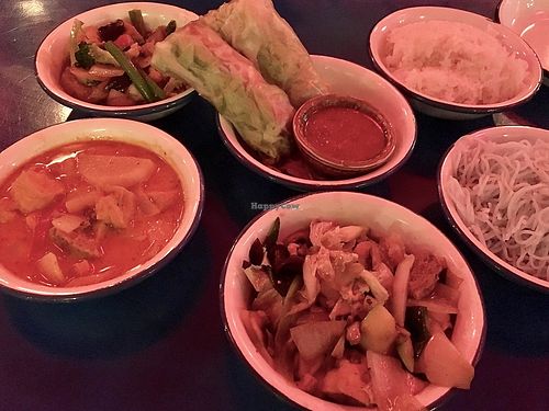 Spring rolls, mushroom dish, lemongrass curry tofu, spicy vegetable dish  at li.ke in Berlin