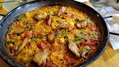 Paella with Heura (chicken-like made from soya) at Restaurante Vegano Tierra Madre in Valencia