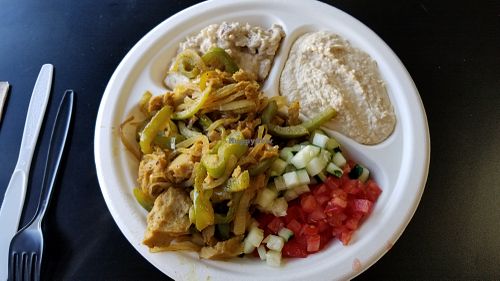 Vegan shawarma with sides, baba ganoush and hummus at ChickPeas Kitchen in Woodland