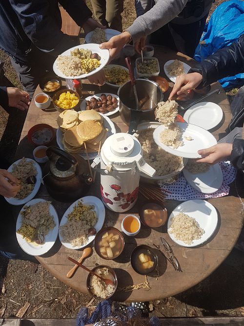Volunteer brunch with organic brown rice. 100% vegan.  at Dana Village in Nishiaizu