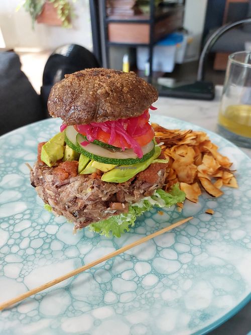 Jackfruit burger, patty simply does not hold, not great flavor at Terra in 