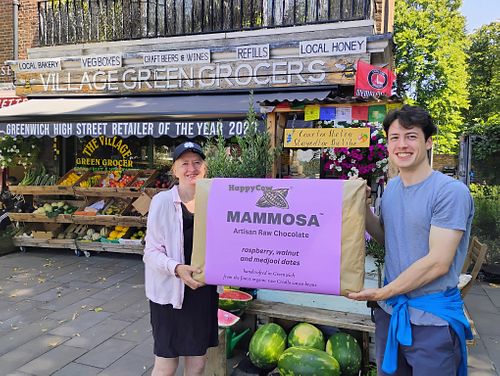 Philomena and Aaron of Mammosa promoting their artisan raw vegan chocolate, made nearby, and sold in the store at The Village Green Grocers in South East London