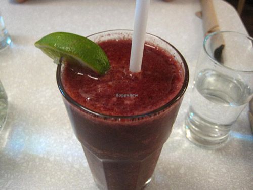 Blue Monkey: blueberries, bananes, orange juice and agave. Very good, fruity. at Aux Vivres - St Laurent in Montreal