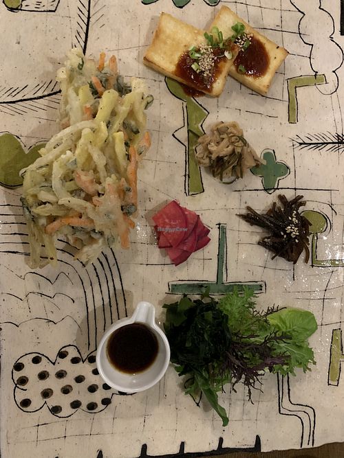tempura vegetables, tofu steak, pickles and straw vegetables at Itadakizen Colline de Tara in Nagoya