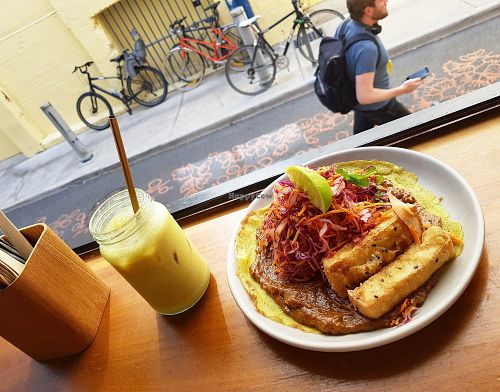 Delicious mung bean pancake and iced tumeric latte with macadamia milk at Felix For Goodness in Brisbane