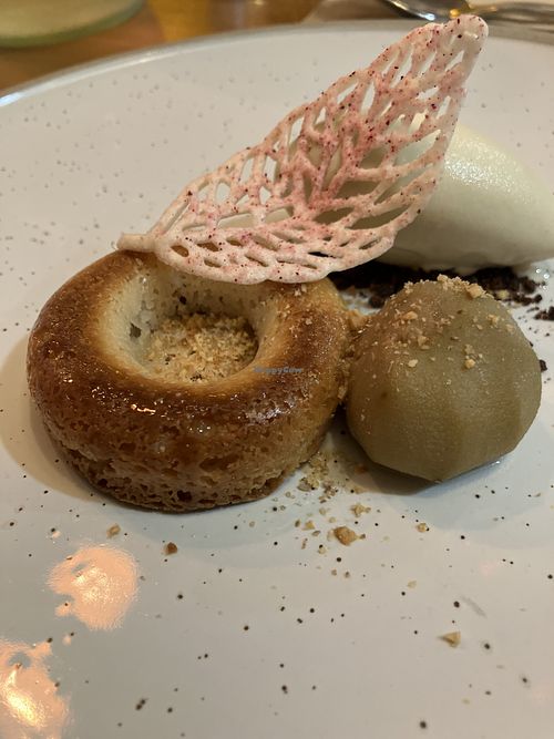 Baked feijoa and almond cookie with thyme sorbet (amazing)  at Hillside Kitchen & Cellar in Wellington