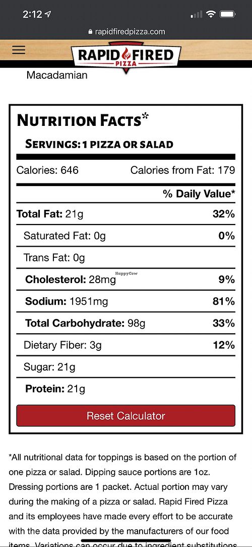 Macros according to their website  at Rapid Fired Pizza in Sandusky