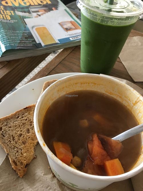 Soup of the day: Mexican sweet corn + skinny greens smoothie  at Juicebaby in West London