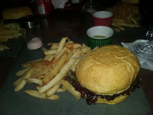 Vegan burger with fries at Mariposa in Lauro De Freitas