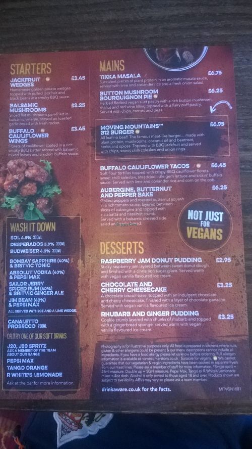 Vegan menu at The New Crown in South Shields