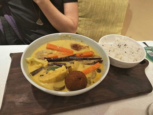 Halfe eaten vegan yellow curry and rice. at BMS Organics - Nanjing West in Shanghai