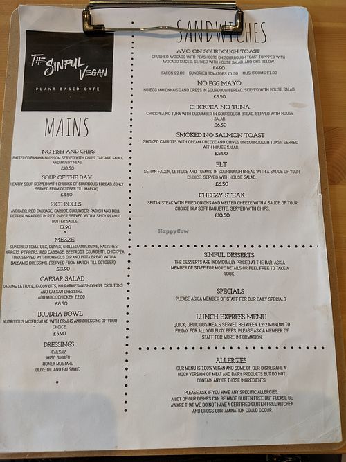 menu at The Sinful Vegan in Jersey