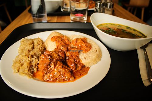 daily menu - vegetable soup and seitan with cabbage and dumplings (typical czech food) at Prasad in Prague