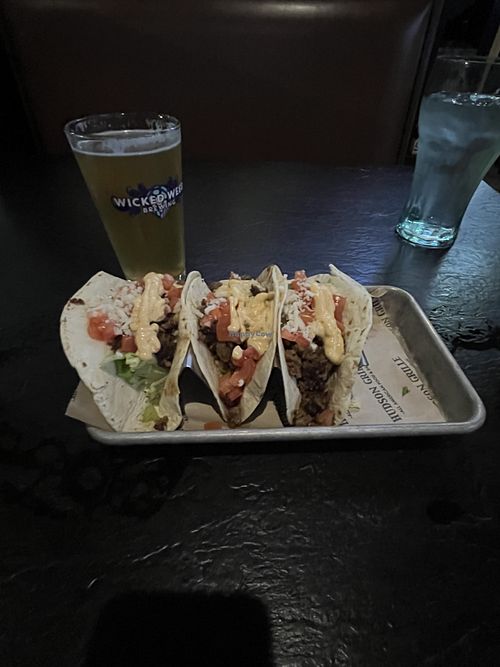 Beyond Burger Tacos with vegan cheese and vegan mayo  at Hudson Grille in Atlanta
