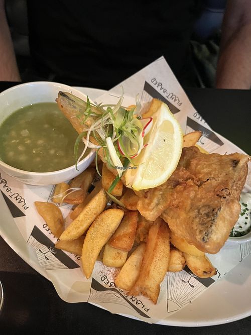 Fish n chips with mushy peas  at Unity Diner in East London