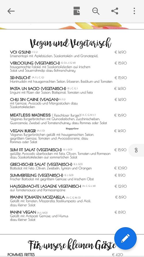 MENU: Vegan & Vegetarian options at Steiner's Cafe Restaurant Weinbar in Pinsdorf