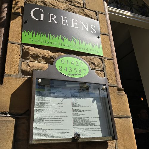 Greens menu at Greens Vegetarian Cafe in Hebden Bridge