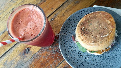 Vegan roll & beetroot/etc juice at The TreeHouse in Tamborine Mountain