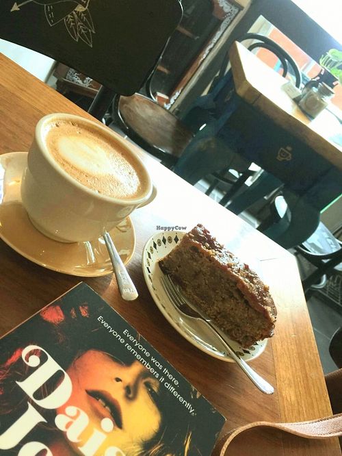 Fig and walnut cake with almond mylk cappuccino  😍 at Coffee Circus in Bugibba