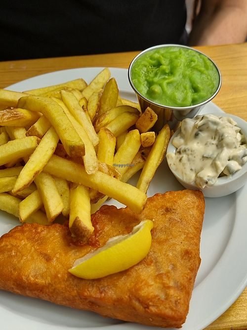 Fish and Chips, mushy peas, tartar sauce at Pyramid Vegan Cafe & Bakery in Glastonbury