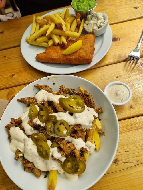 Kebab loaded fries at Pyramid Vegan Cafe & Bakery in Glastonbury