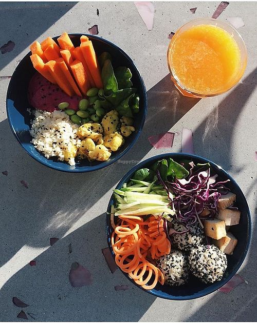 Rice & tofu bowl and beetroot hummus & cauliflower bowl at Bali Bowl Cafe in Kyiv