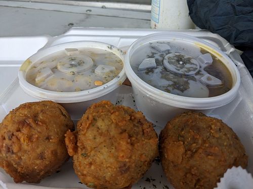 Boudain balls, with greens, Mac & cheese at Lindiana's Southern Vegan Kitchen - Maybe closed in Houston
