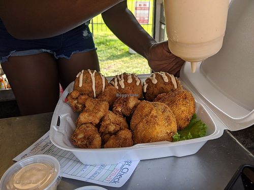 Lindiana platter - crab cakes, cauliflower nuggets, boudin balls at Lindiana's Southern Vegan Kitchen - Maybe closed in Houston