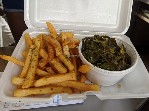 Sides - fries, collards. I got there just before closing, this was all that was left. at Lindiana's Southern Vegan Kitchen - Maybe closed in Houston