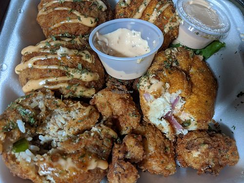 My plate. Boudin balls, cauliflower nuggets, crab cakes with house made remoulade sauce at Lindiana's Southern Vegan Kitchen - Maybe closed in Houston