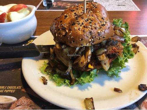 Vegan burger with whole wheat bun, grilled onions, sautéed mushrooms and avocado at Denny's  in Rock Springs