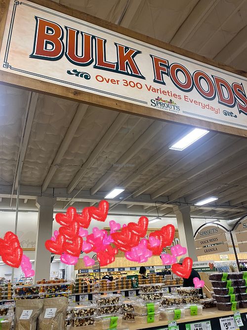 Did I mention their bulk section is very large at this one?! Blocked non-vegan items w/hearts and for privacy. 💕  at Sprouts Farmers Market - Broadway in Oakland