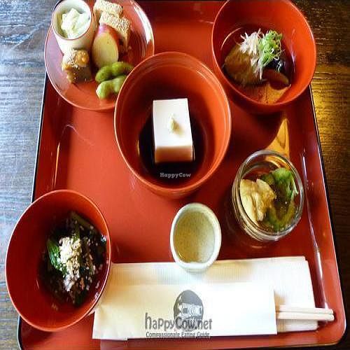 Aperitif, black sesame tofu, vegetables, fresh yuba and jelly, aubergine, sweet potato, Japanese potato sweet, sweet tofu with nuts. at Hachinoki in Kamakura