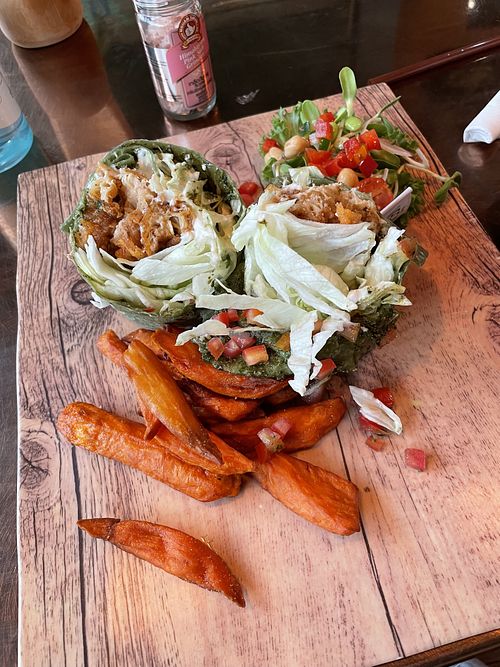 Chikin wrap with sweet potato fries  at The Vegan Table in Phuket