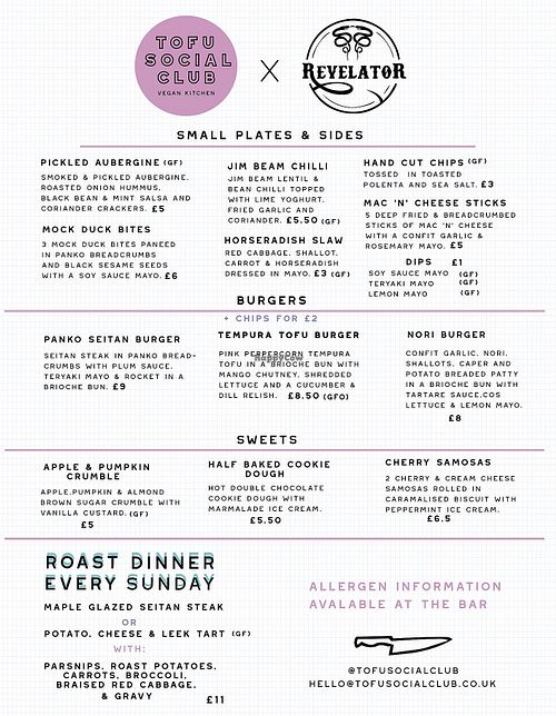 Menu October 2018 at Tofu Social Club in Brighton