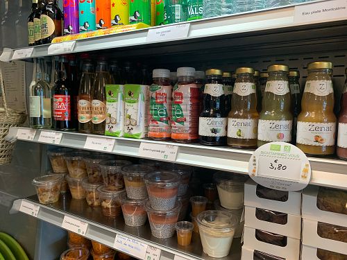 Lots of organic drinks and pastries to take away at MILIBIO in Paris