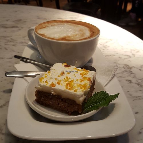 Carrot cake with a soya latte at Pizza Express in Stoke On Trent