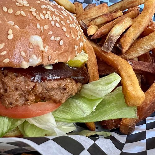 BBQ PLANT BURGER $14.50 Field Roast burger patty, lettuce, tomato, mayo, Dijon, BBQ sauce, pickles, on a sesame seed bun
Allergens (soy, gluten)  at Fern Cafe and Bakery in Victoria