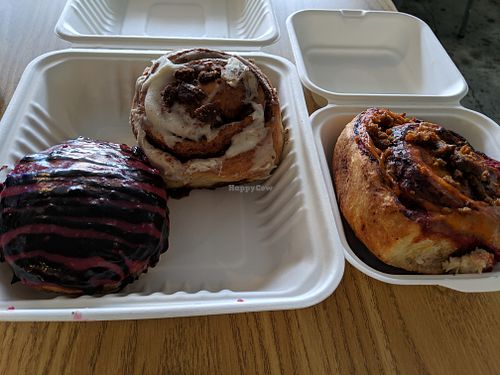 baked goods: doughnut, cinnamon swirl, pizza swirl at Fern Cafe and Bakery in Victoria