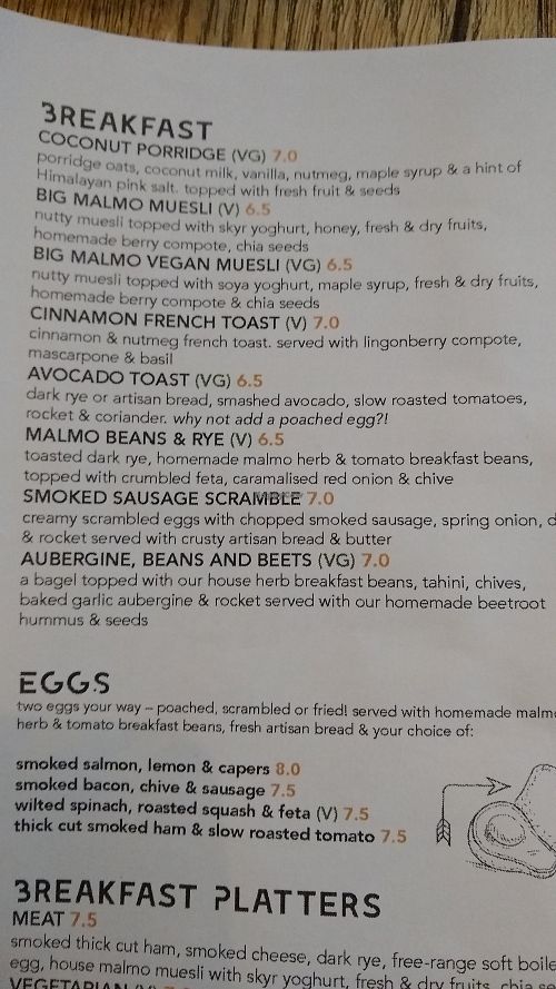 Breakfast options at Malmo Mat Kaffe in Liverpool
