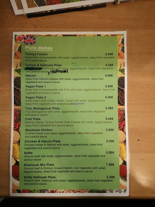 The menu at Khartoum Sudanesischer Imbiss in Berlin