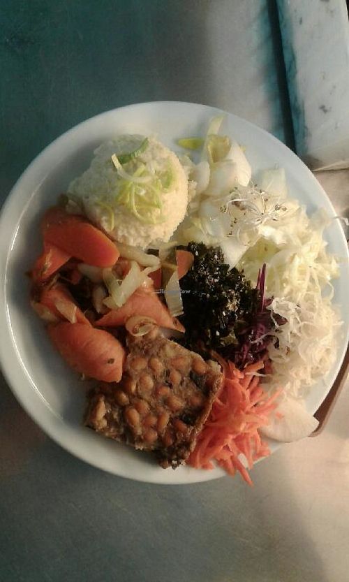 Grande assiette macrobiotique 
With chickpeas Nice specially 
Panosse, brown rice ? special cereal of the day, slow cooked vegetables, salades, wakame algae, house made pickles at Grand Appetit Store in Paris