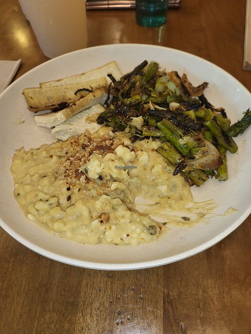 Vegan: tofu with risotto and asparagus at Flower Child in Atlanta