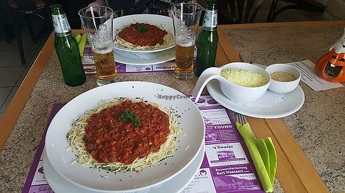 Vegan spaghetti served with vegancheese and edelgist with extra yeastflockings gives an extra cheezy flavour boost.  Taste like the old spaghetti's. Very nice and tasty! at La Brasserie in Zedelgem