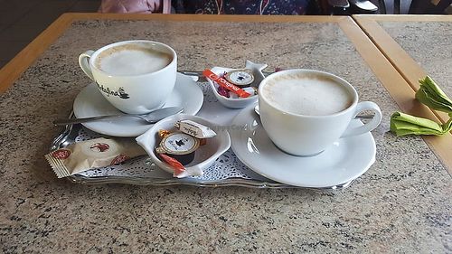 Served coffee with plantbased foam on it. Makes your coffee softer. It tasted much nicer not bitter. at La Brasserie in Zedelgem