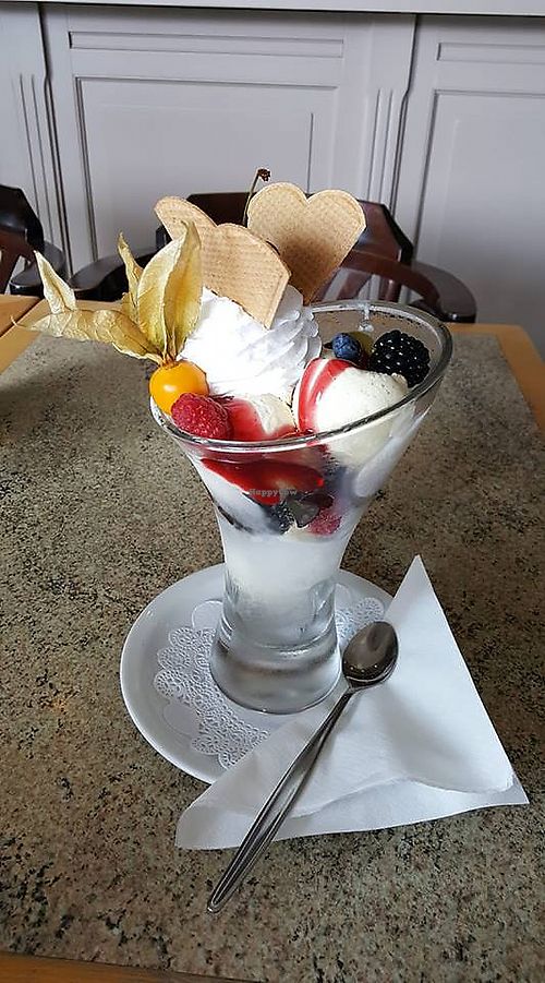 Plantbased Ice cream with vegan toppings and fruit! at La Brasserie in Zedelgem