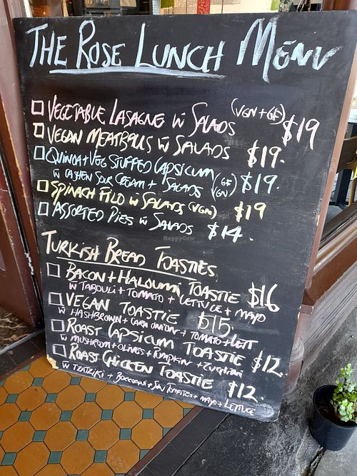 Menu at The Rose in Adelaide