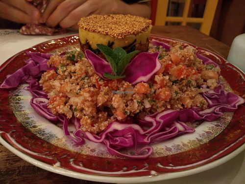 Tabbouleh and vegan "escondidinho"(hiddenie, some vegetable or mushroom protein hidden under manioc cream). at Cultivo in Tiradentes