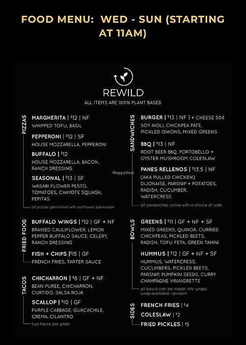 Menu (but fish n chips 86d) at Rewild in Quincy