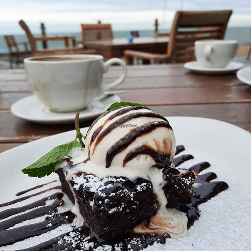 Vegan dessert - warm chocolate brownie and ice cream at The Beach Deck in Eastbourne